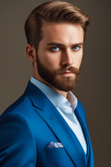 A man with a blue suit and a blue shirt is posing for a picture. He has a beard and blue eyes
