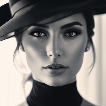 A woman with a black hat and a black dress is the main subject of the image. The woman has a very elegant and sophisticated look, which is emphasized by her black hat and dress