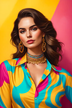 A woman wearing a colorful shirt and gold earrings. The image is a colorful and vibrant representation of a woman in a colorful outfit