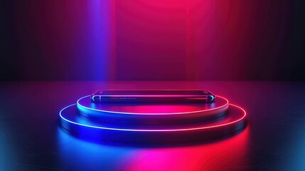 Realistic neon podium scene for product display or presentation. Futuristic neon laser beam light 3d illustration modern smartphone , generative ai, 