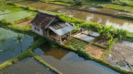 Naklejka premium Two grandparents planted a hut at the end of the rice field and grew vegetables and fish