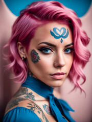 Obraz na płótnie Canvas A woman with pink hair and blue eyes is wearing a blue scarf and has a tattoo on her arm
