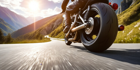 A motorcycle is speeding down a road with mountains in the background. The rider is wearing leather...