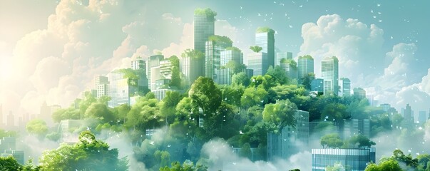 The Sustainable Future City of Tomorrow: Eco-Friendly Skyscrapers Surrounded by Lush Greenery and Harmonious Nature - obrazy, fototapety, plakaty