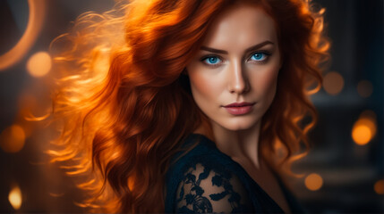 A woman with long red hair and blue eyes is standing in front of a light. The light is creating a warm, glowing effect on her hair and face. Concept of beauty and elegance