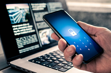 Phone password to protect data online from hacker fraud and scam. Cyber security and personal...