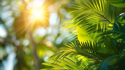 Sunlight filtering through lush green palm leaves against a tropical beach backdrop. Concept Nature, Sunlight, Palm Leaves, Tropical Beach, Backdrop