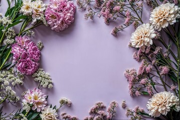 The empty space in the middle of an elegant floral frame made from delicate pastel pink and white flowers, including peonies and daisies on a pink background, with copy spaces for text.