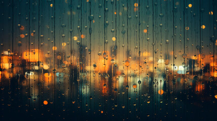 Rain drops streak down a window, distorting the cityscape in the background. The urban buildings and streets are visible through the water droplets, creating a moody . Banner. Copy space