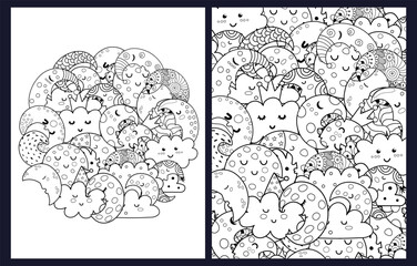 Cute moon and clouds coloring pages set. Doodle background templates with cosmic characters in US Letter format. Vector illustration - 763287662