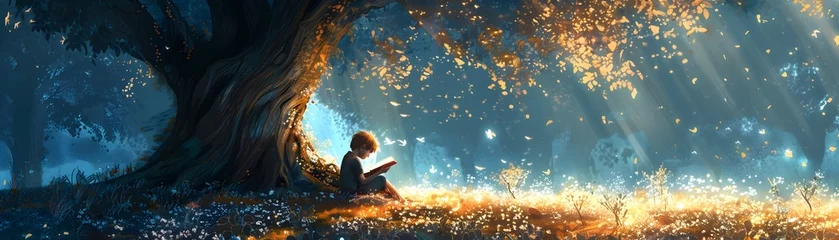 Fotobehang Enchanting Moments of Imagination and Discovery: A Child Engrossed in the Wonders of a Storybook Under a Glowing Tree Canopy © Wuttichai