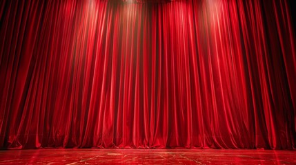 Close-up of red curtains on stage: the texture of the fabric and soft stage light are visible