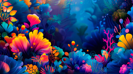Vibrant painting showcasing a variety of colorful flowers set against a striking blue background....