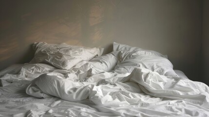 Fototapeta na wymiar Unmade bed, highlighting the rumpled sheets and tousled pillows