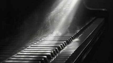 Piano keyboard with light shining through the keys