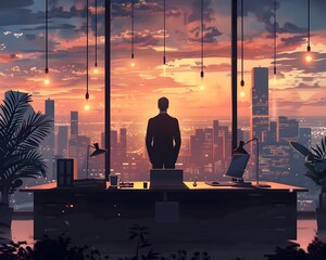 Determined CEO Overlooking Futuristic City Skyline From High-Rise Office Window During Dramatic Sunset - obrazy, fototapety, plakaty