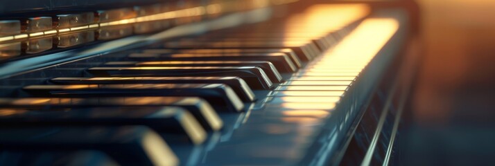 Piano keyboard close up with soft natural light