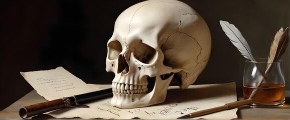 Still life with skull and pen.