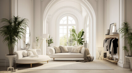 A large, open living room with a white couch and a white chair. A potted plant is in the corner of the room. The room is well-lit and has a clean, modern feel