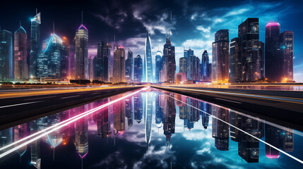 Fototapeta na wymiar Futuristic Cityscape with Symmetrical Reflections
