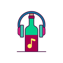 Bottle of wine with a musical note and headphones. Music and wine. Color vector.