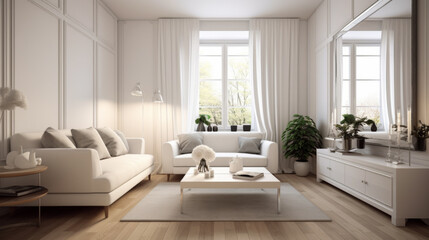 Fototapeta na wymiar A living room with a white couch, coffee table, and potted plants. The room has a clean and minimalist design, with white walls and furniture. The sunlight coming in through the windows creates a warm