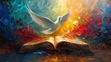 watercolor painting of the holy spirit flying over the Bible