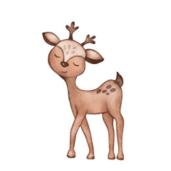 Cute watercolor reindeer, cartoon character deer animal clip art for kids