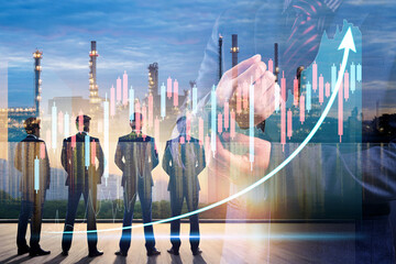 Double exposure of businessman show graph increasing and silhouette of business team with refinery plant background	