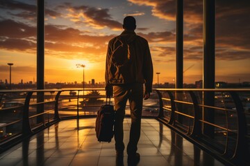 Rear view of an unrecognizable man in a suit businessman with a suitcase at the airport, close-up . Travel, business trip concept with copy space