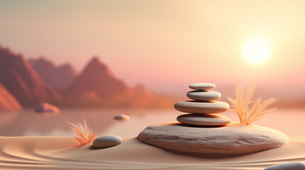 Fototapeta na wymiar Zen stones stack on sand against sunset. Balance and meditation concept.