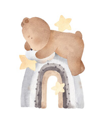 Little bear sleeps on a rainbow. Watercolor illustration. Can be used for cards, invitations, baby shower, posters. Vintage.