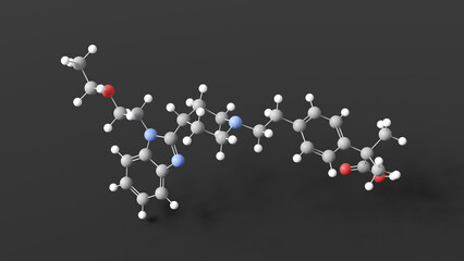 bilastine molecular structure, antihistamine medication, ball and stick 3d model, structural chemical formula with colored atoms