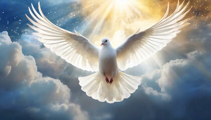 Holy Spirit: White Dove with Open Wings in the Clouds