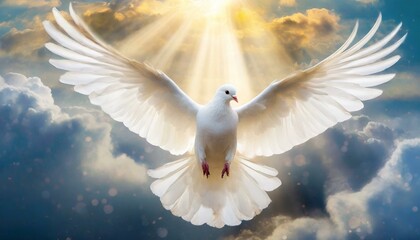 Holy Spirit: White Dove with Open Wings in the Clouds