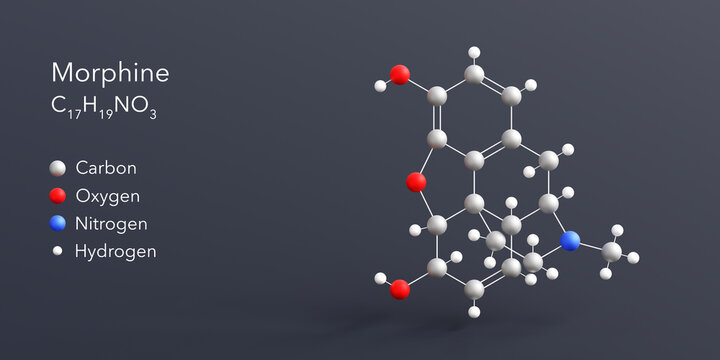 morphine molecule 3d rendering, flat molecular structure with chemical formula and atoms color coding