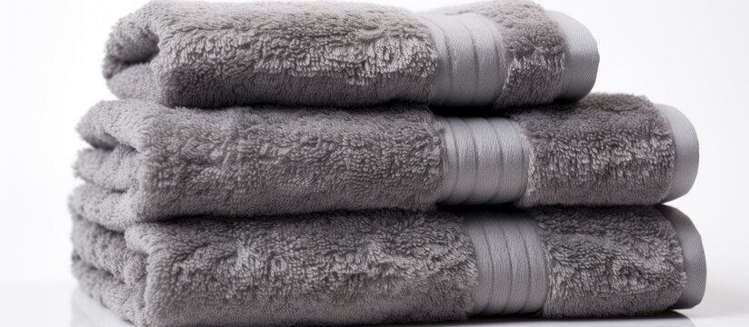 Three gray towels stacked on top of each other on a white surface, showcasing a closeup still life photography composition with a monochrome color scheme