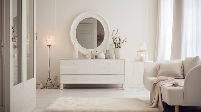 A white room with a large mirror and a white dresser. The room is very clean and organized