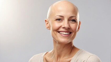 Happy attractive charming implemented middle-aged woman with a bald head and alopecia disease looks and smiles on a light background. Sincere positive emotions. Wellbeing, self care, emotional support