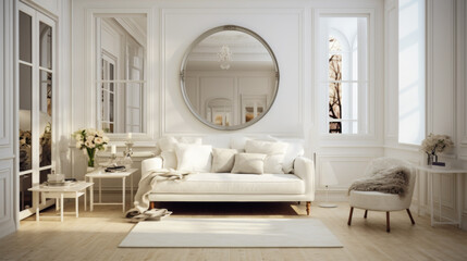 A large mirror hangs on the wall above a white couch. The room is decorated in a minimalist style with white furniture and a few decorative elements. The atmosphere is calm and serene