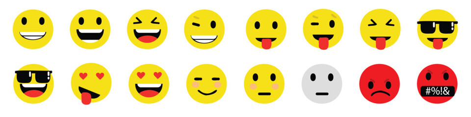 Emoji, Emoticons. Social network likes. Chat comment reactions, icons template: smile, love, like, Lol, laughter emoji character message