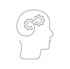 Drawing human head with gears inside in one line. Mental health and thinking concept. Single continuous line icon. Creative brain and technical process. Simple vector linear illustration.