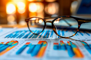 Printed charts of economic growth on the table.. A pair of glasses on a table.