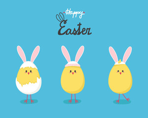 Three cute chicks with bunny ears happy easter. Vector illustration of a banner of funny chickens in the shape of an egg.