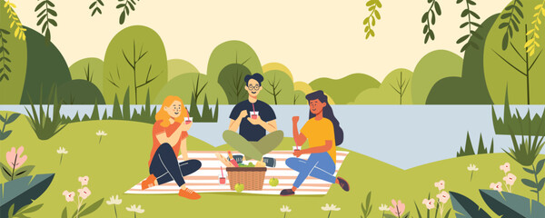 Picnic in the park. Young cheerful people sitting on a blanket in the park, eating snacks and drinking drinks by the lake. Vector flat illustration in cartoon style.
