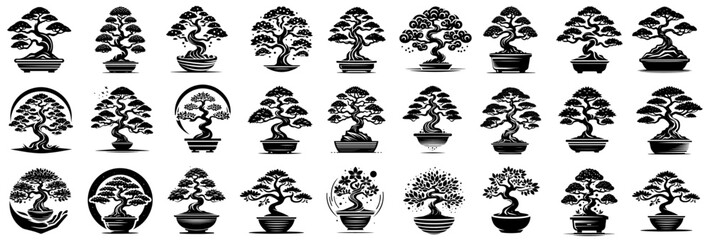bonsai trees elegant miniature gardening black vector laser cutting engraving