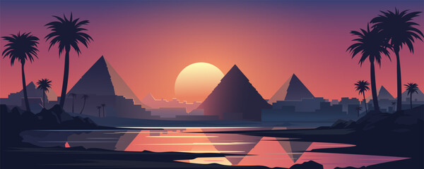 Stunning landscape of Egypt at sunset. Beautiful ancient permids against the backdrop of an amazing landscape with a lake and reflections, palm trees, houses and an orange-red sunset.