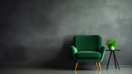 A green chair sits in front of a wall with a plant on a table. The room is empty and has a modern, minimalist feel