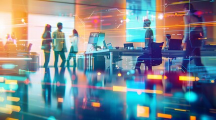 A group of individuals standing around a table engaged in conversation and collaboration in a modern office setting