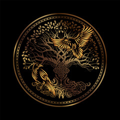 Celtic sacred symbols - Yggdrasil tree of life and totem birds raven Huginn and Muninn ravens of Odin - 763291480